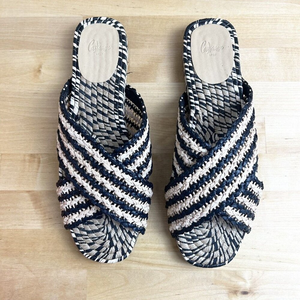 Navy and Cream Woven Slide Sandals